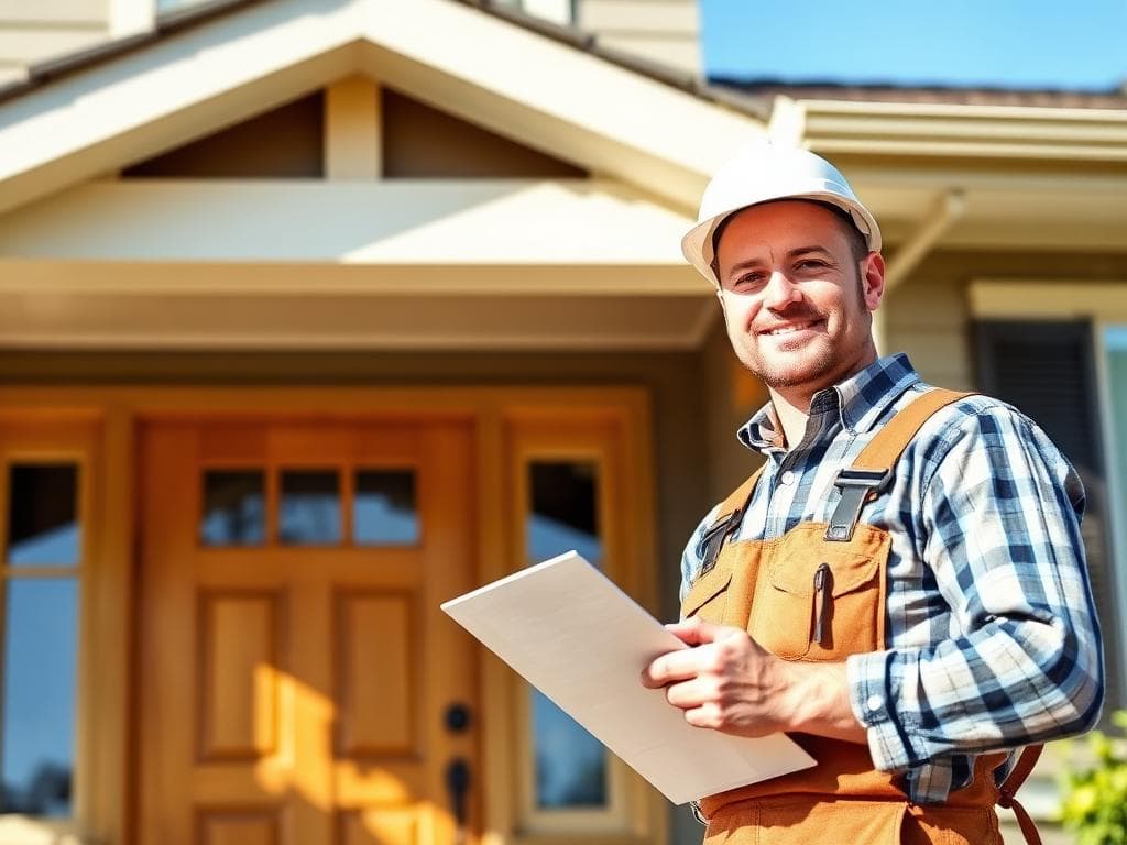 A man in overalls holds a clipboard outside a house, representing Titan Exteriors' home improvement services.