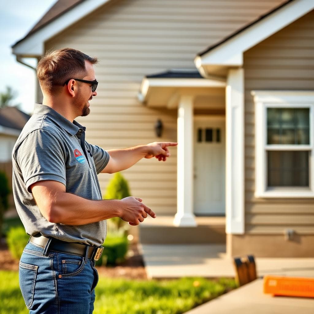A man points to a house with a